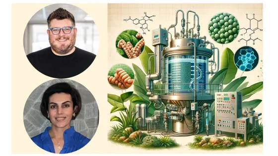Illustration of a biotechnology industrial process with diagrams of molecular structures and raw materials, flanked by portraits of a smiling man and woman.