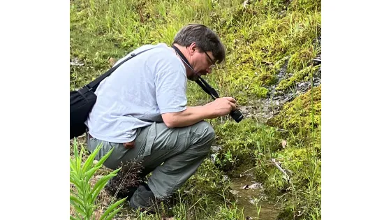 A man crouches by a small stream, photographing something in the water surrounded by lush green vegetation.
