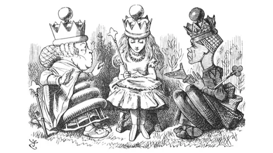 Illustration of Alice from "Alice in Wonderland" sitting between the White King and the White Queen, who are both looking at her, in a sketch-like style.