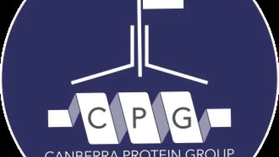 Logo of the Canberra Protein Group featuring a stylized molecular structure with the letters CPG and a flag above, all against a dark blue background.