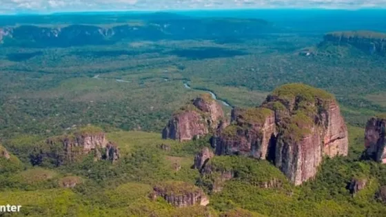 Aerial view of a lush, green rainforest with prominent rocky cliffs.