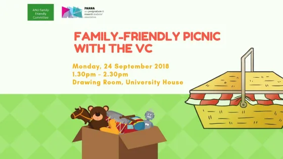 Promotional image for a family-friendly picnic event featuring toys peeking from a cardboard box and a large sandwich graphic, hosted by ANU Family Friendly Committee on 24 September 2018.