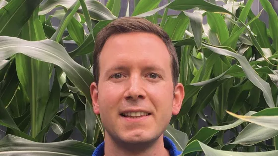A man smiling at the camera in a greenhouse surrounded by tall corn plants.