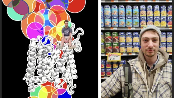 A collage image showing a man sitting among abstract colorful shapes and chains on the left and another man in front of a grocery shelf filled with canned goods on the right.