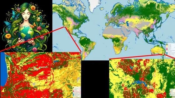 A collage of images featuring an illustrated woman holding a globe, surrounded by flowers on the left, a colorful map of the world in the center, and two satellite maps showing land use.