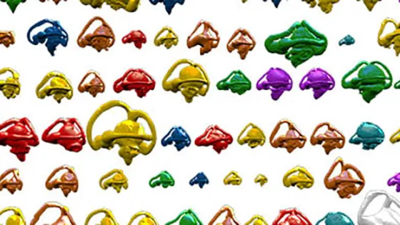 An array of colorful, metallic 3D bells arranged in several rows on a white background.
