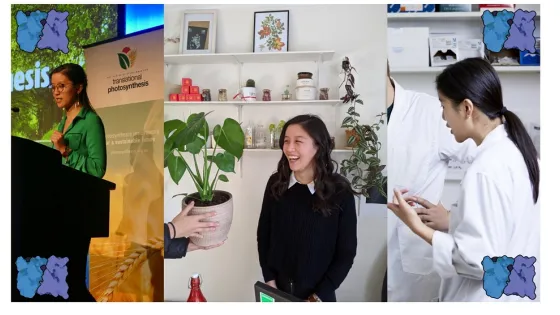 A collage of three images showing a woman giving a presentation, two women interacting in a plant-filled office, and two colleagues in lab coats discussing work in a laboratory.