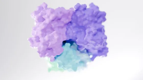 A close-up view of a molecular or cellular structure with purple and blue gradients on a soft white background.