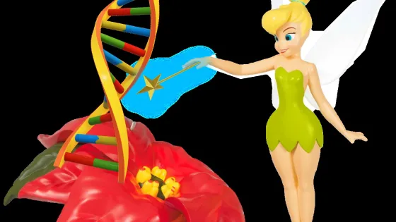 An illustration of Tinker Bell touching a colorful DNA helix with her wand, standing on a large, vivid red flower.