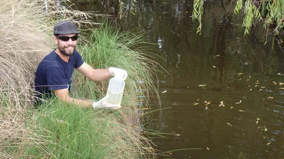 A man wearing a cap and sunglasses releases fish into a river from a container.