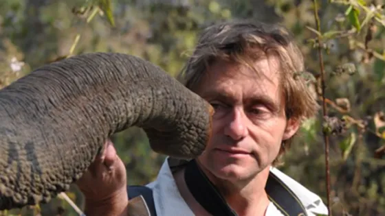 A man interacts with an elephant's trunk in a natural outdoor setting.