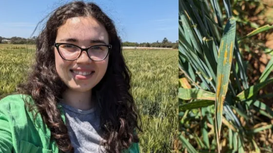 A smiling young woman with glasses standing in a field, with a close-up of a plant affected by rust disease on the right side of the image.