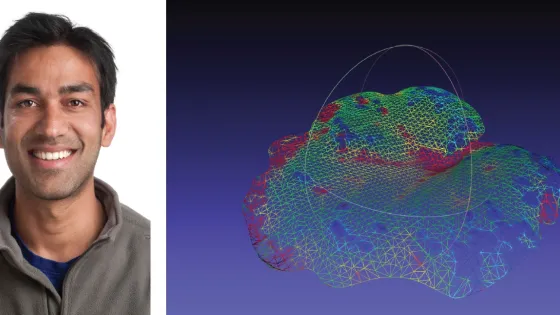 A smiling man on the left and a colorful digital mesh model of a terrain on the right.