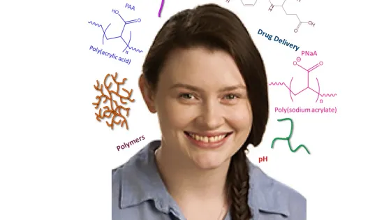 A woman smiling in front of a background with various molecular structures and notation related to polymer chemistry and drug delivery.