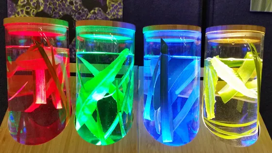 Four glass jars filled with water and illuminated colored strips, each glowing red, green, blue, and yellow.