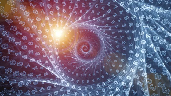 Abstract digital artwork depicting a spiral of glowing numbers and mathematical symbols in a dynamic, whirlpool-like pattern with a bright light source at the center.