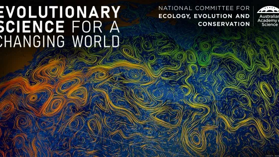 A colorful, swirling abstract pattern with a text overlay reading "Evolutionary Science for a Changing World" by the National Committee for Ecology, Evolution, and Conservation under the Australian Academy of Science.