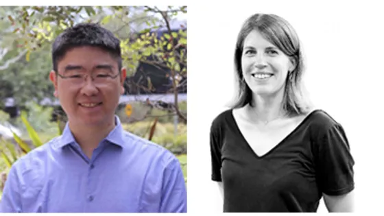 Portraits of a man in a blue shirt and a woman in a black top; the man's photo is in color, and the woman's is in black and white.