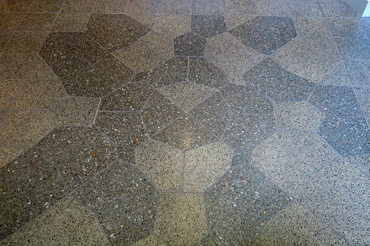 Root made from tiles which decorates the foyer entrance of the Research School of Biology Linnaeus Building (Linnaeus Way entrance foyer).