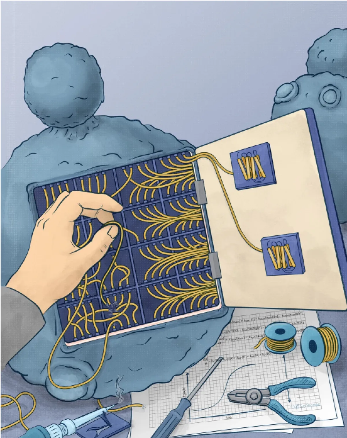 A person threads wires through a circuit board pattern in a notebook, with engineering sketches and tools visible beneath.
