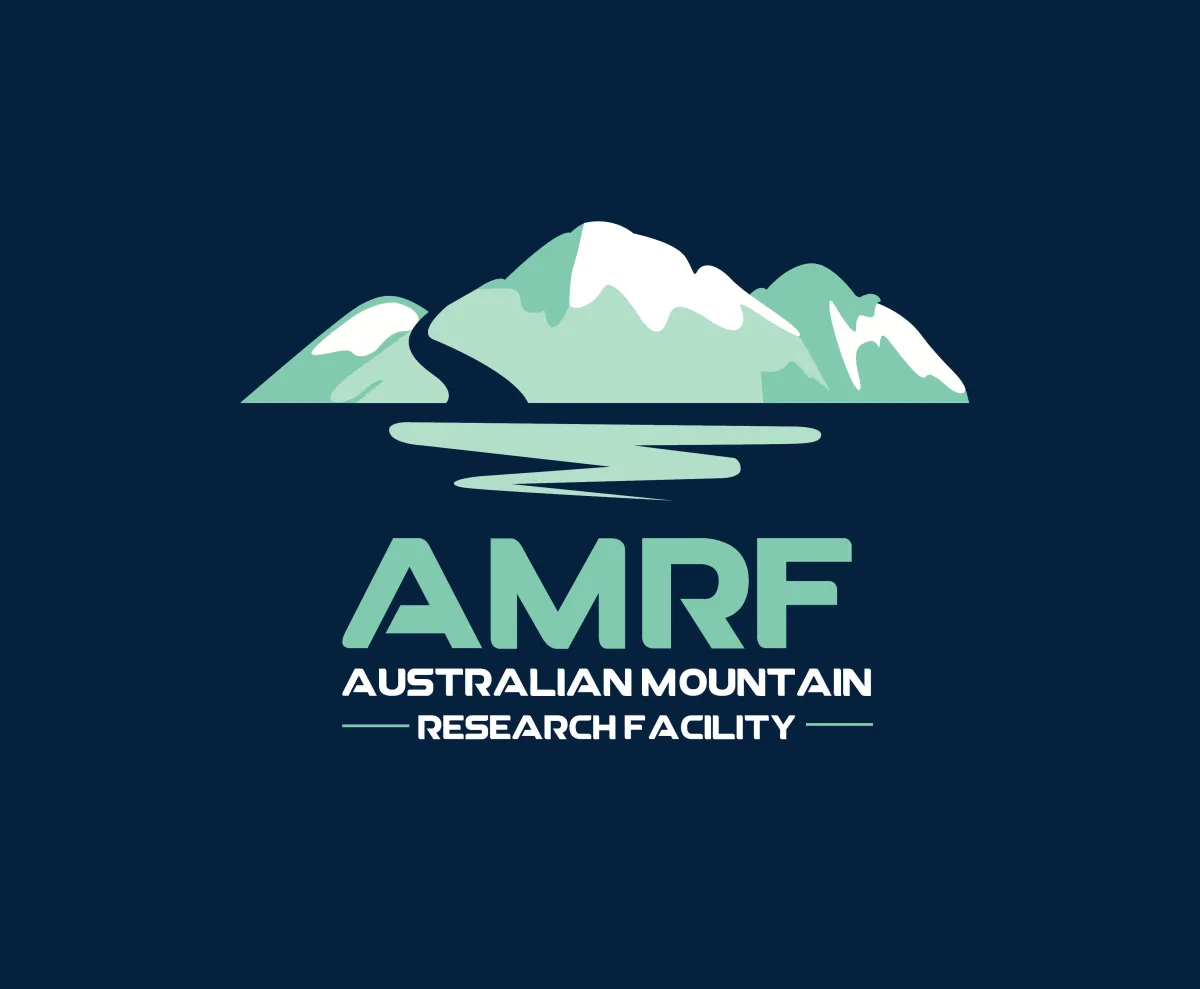 Logo of the Australian Mountain Research Facility featuring stylized snow-capped mountains and a reflection over water against a dark background.