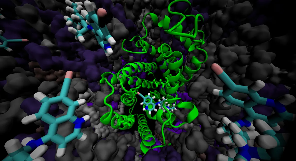Colorful 3D molecular model showing a green protein structure surrounded by smaller molecular structures in a detailed, immersive visualization.