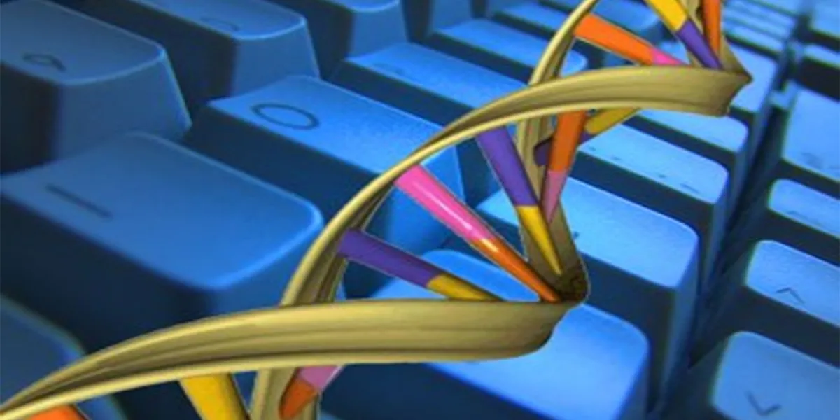 A bundle of colorful wires intertwined over the keys of a blue computer keyboard.