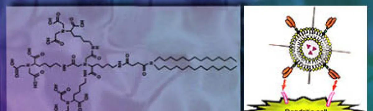 An image showing a chemical structure on a blue background next to a colorful illustration of a dendritic cell.
