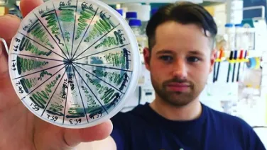 A man in a laboratory holds up a petri dish containing multiple labeled bacterial colonies.