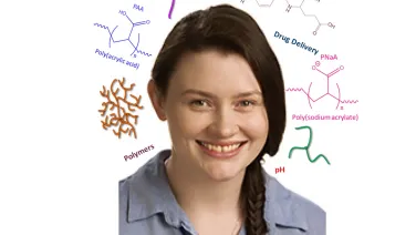 A woman smiling in front of a background with various molecular structures and notation related to polymer chemistry and drug delivery.