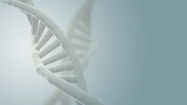 A digital illustration of a DNA double helix in a soft blue environment.
