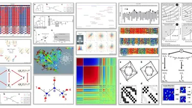 A collage of diverse scientific diagrams and data visualizations including charts, graphs, and molecular structures.